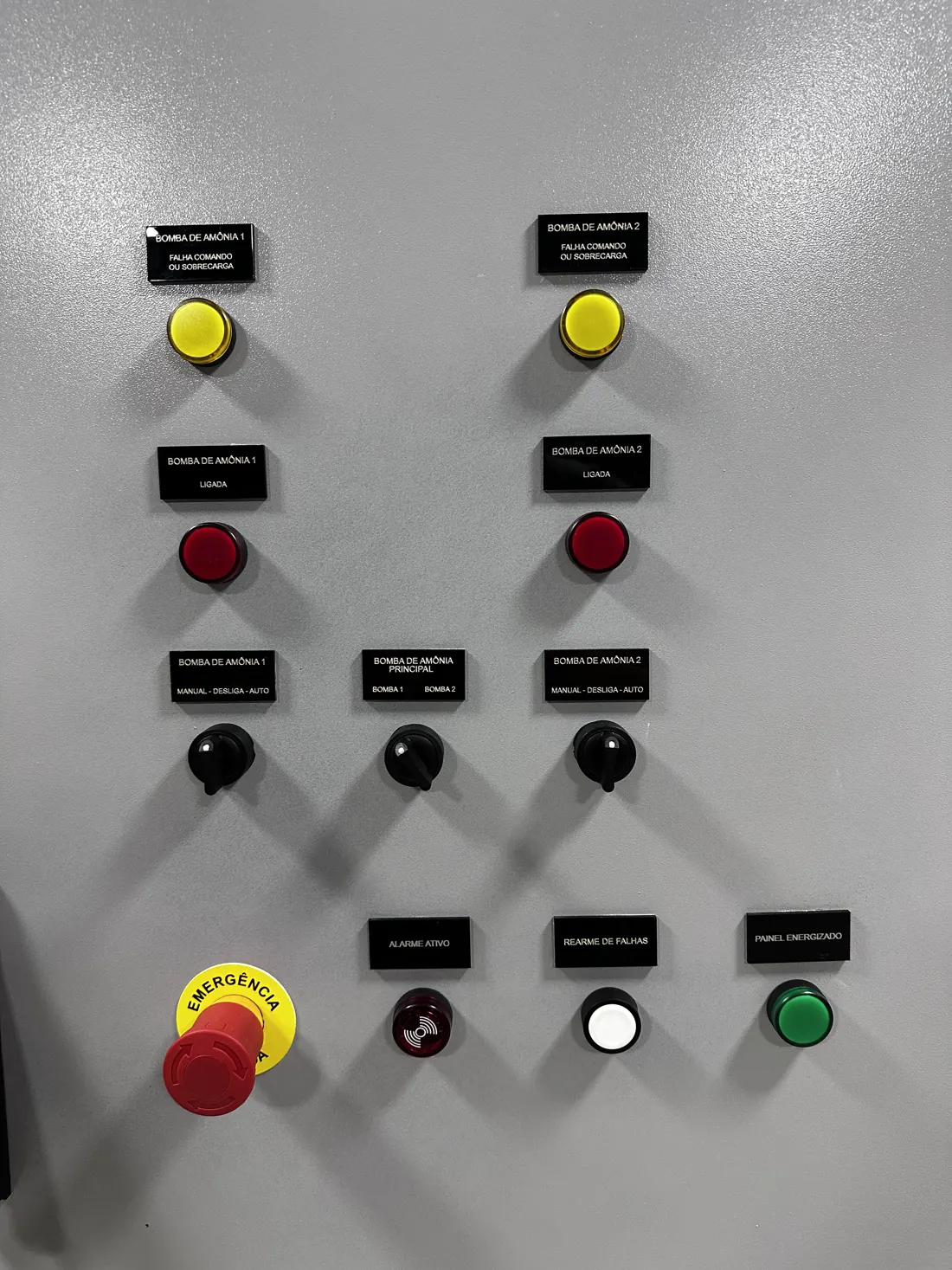 Porta de painel com seletoras, sinaleiros, rearme e botão de emergência identificados